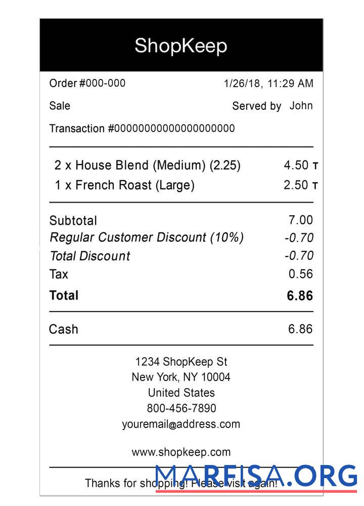 Printable Shopkeep payment receipt example